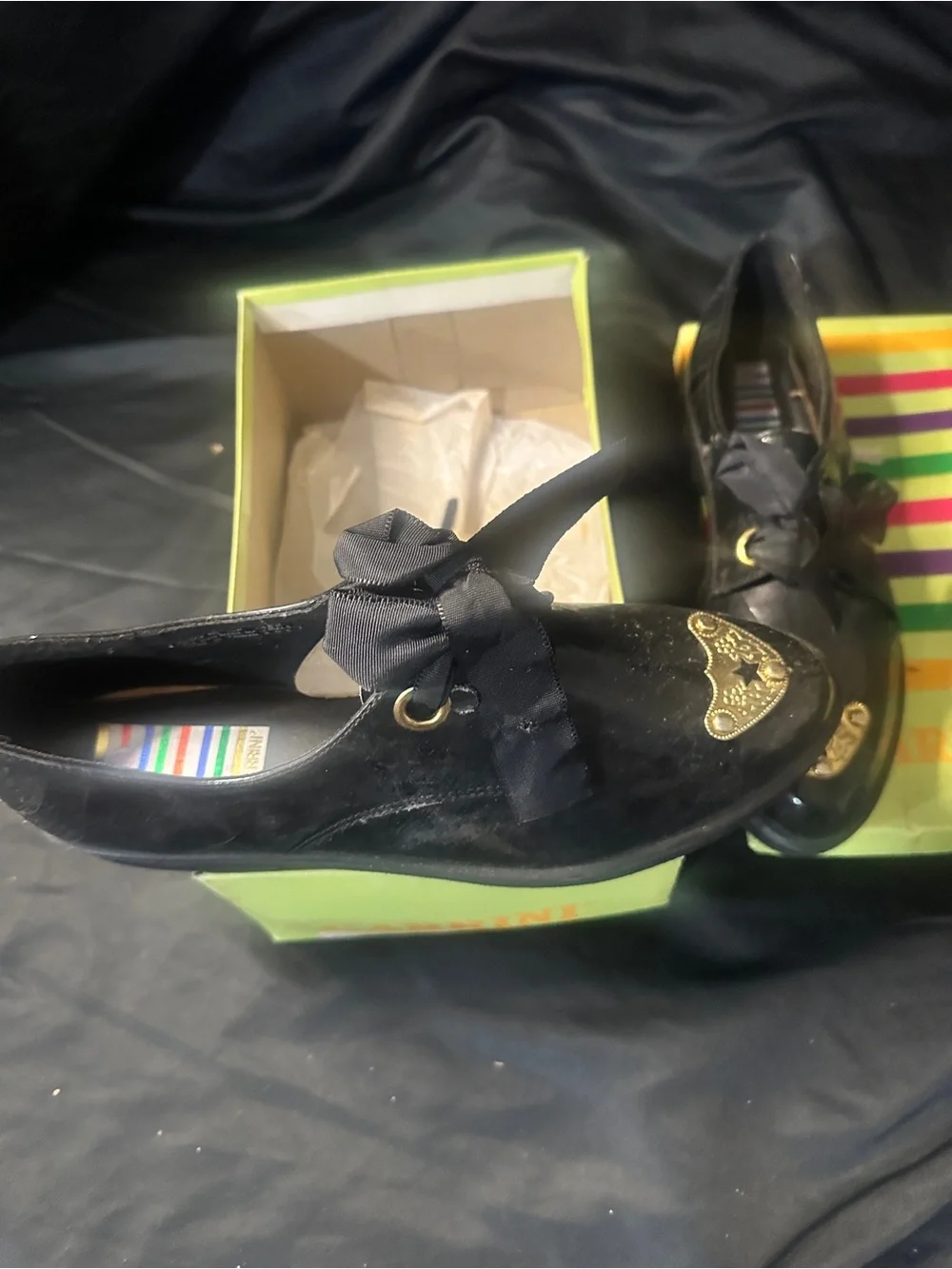 Girl Black Leather Lace-Up Shoes with Gold Accent, Carrini size 10 with box-#636